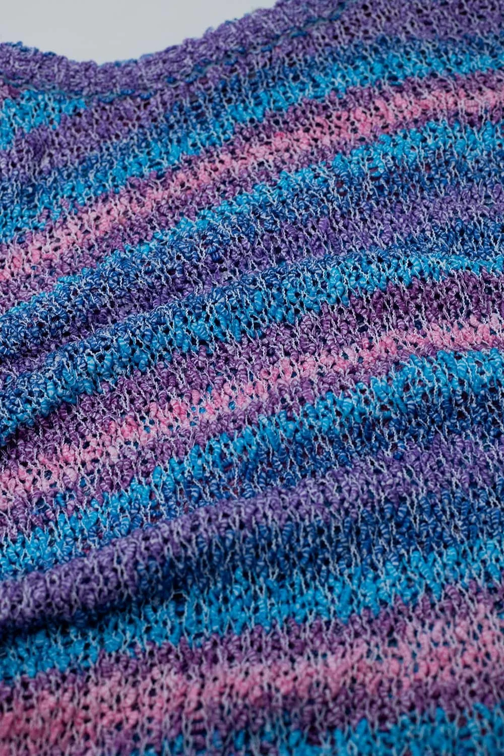 Open Knit Stripey Crew Neck Sweater in Shades of Purple and Blue