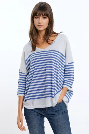Oversized Grey sweater with blue stripes and V-neck