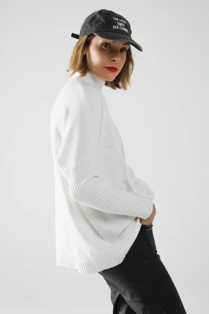 oversized soft knitted white sweater with ribbed sleeves