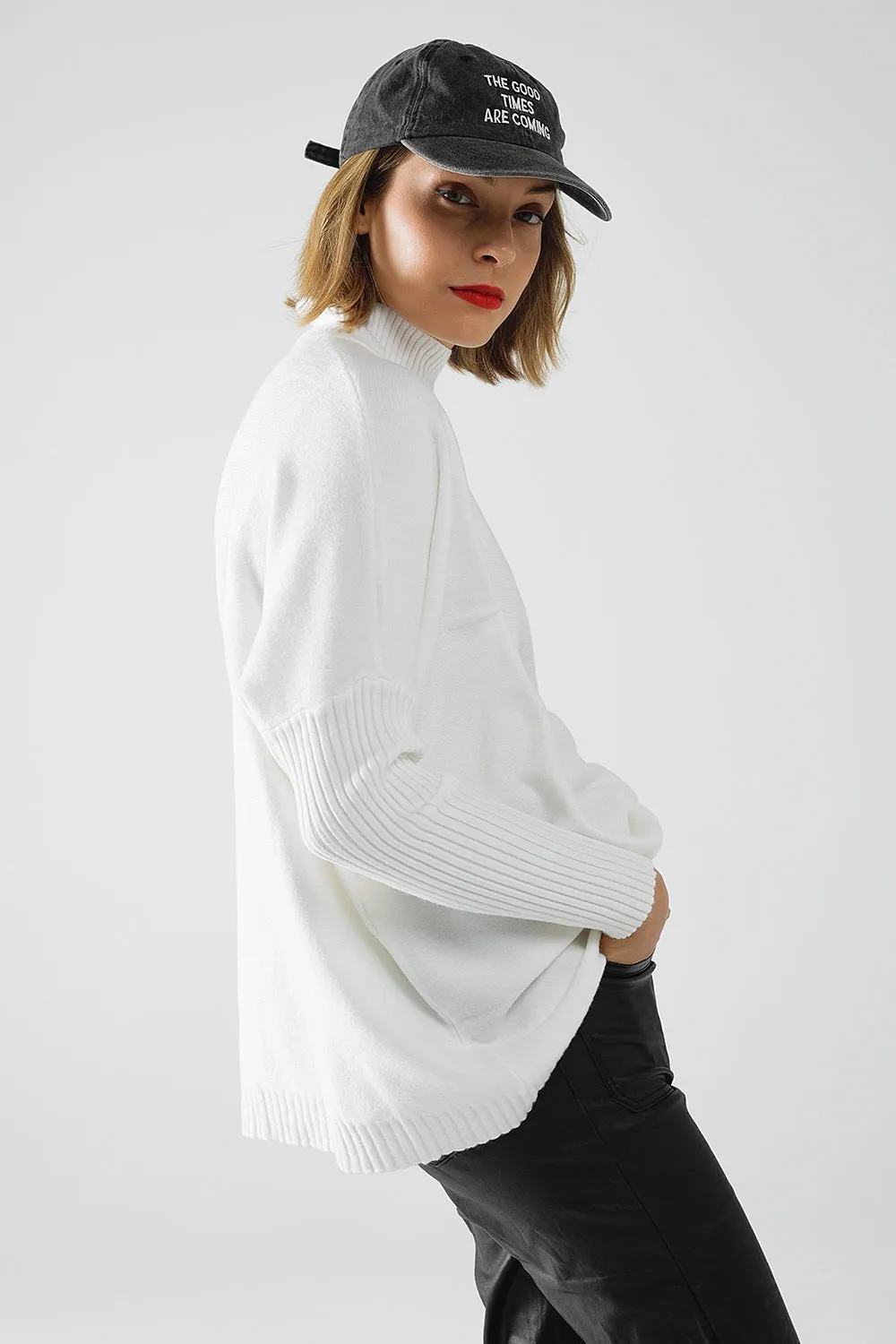 oversized soft knitted white sweater with ribbed sleeves