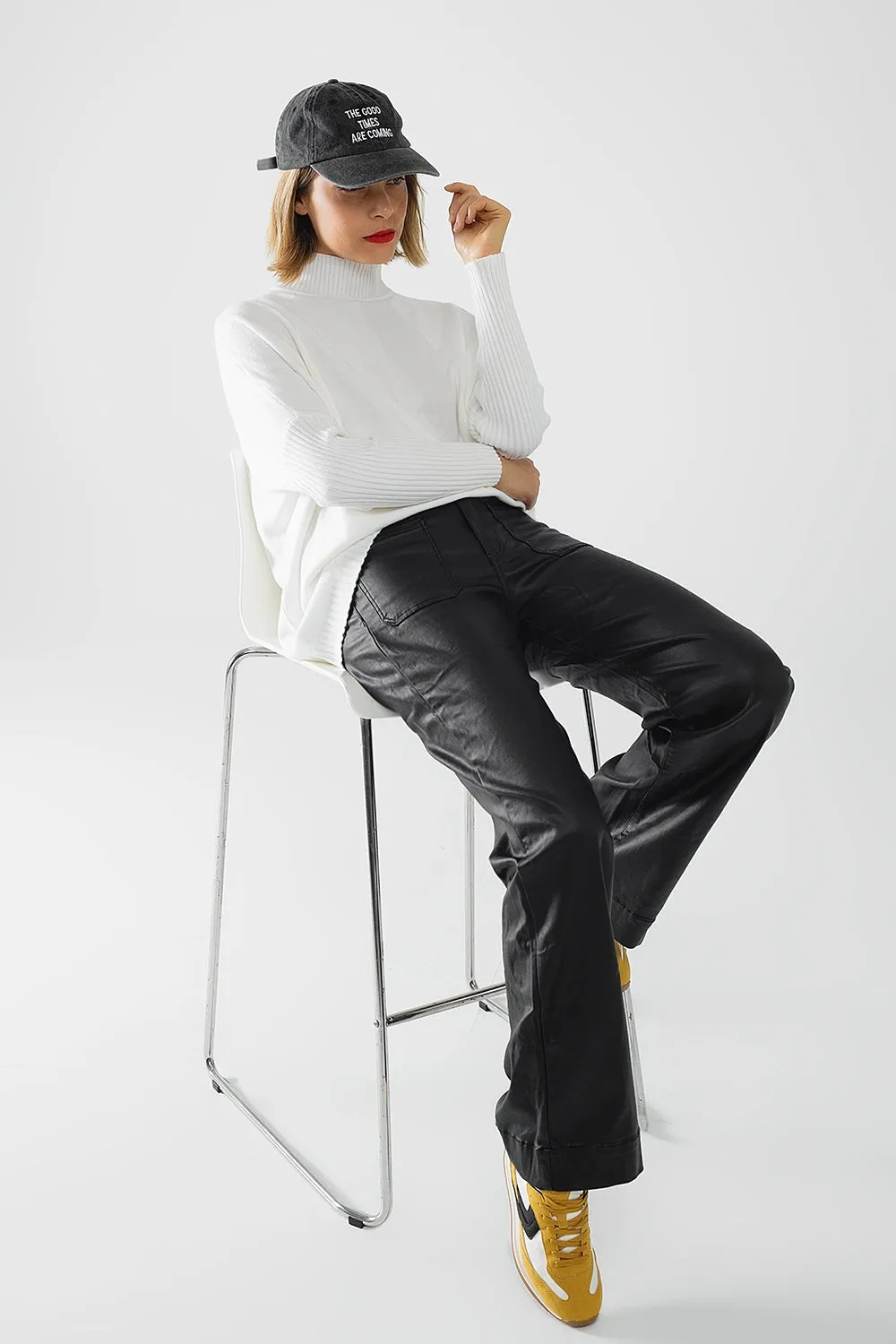 oversized soft knitted white sweater with ribbed sleeves