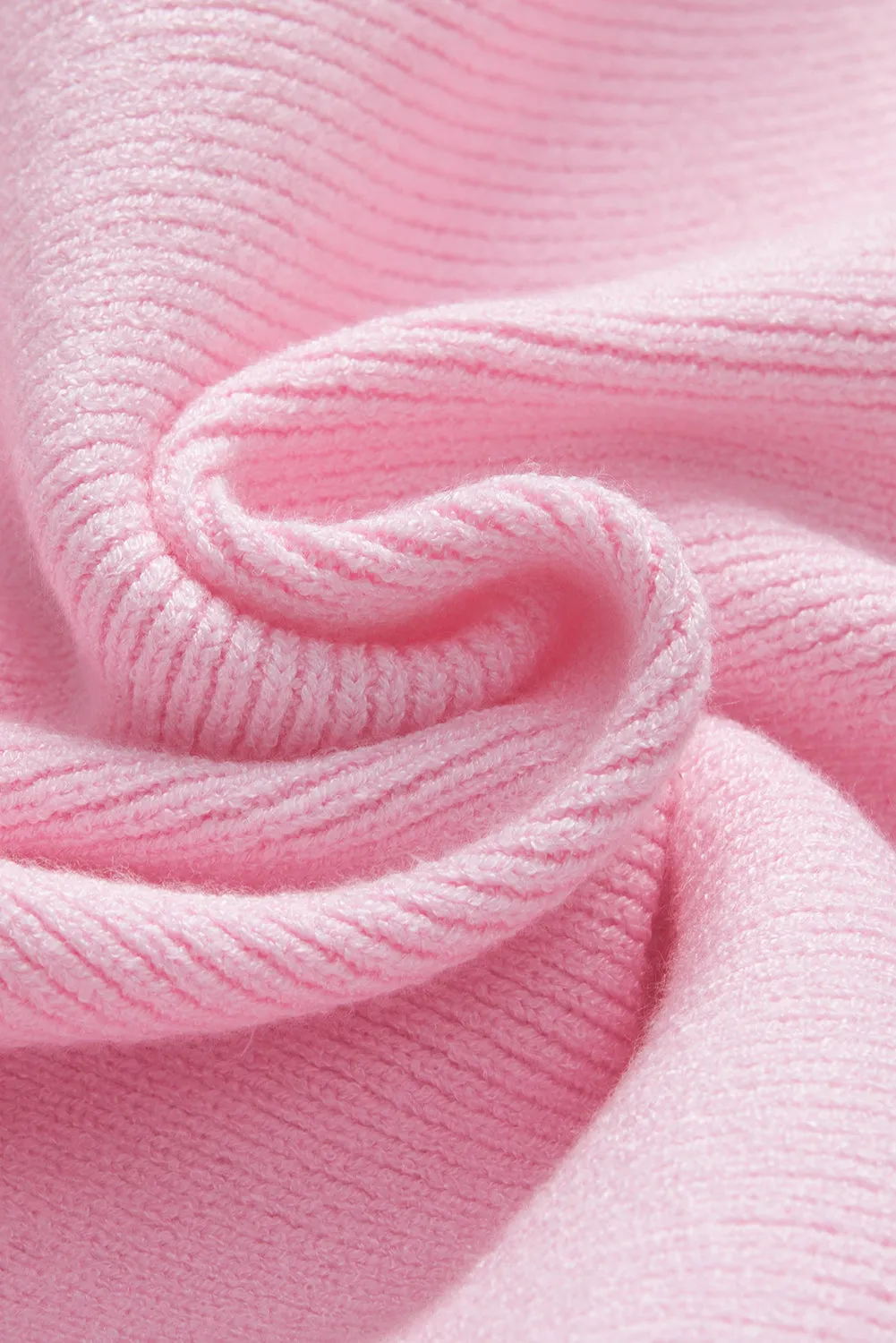 Pink Contrast Sequin Sleeve V Neck Ribbed Knit Sweater