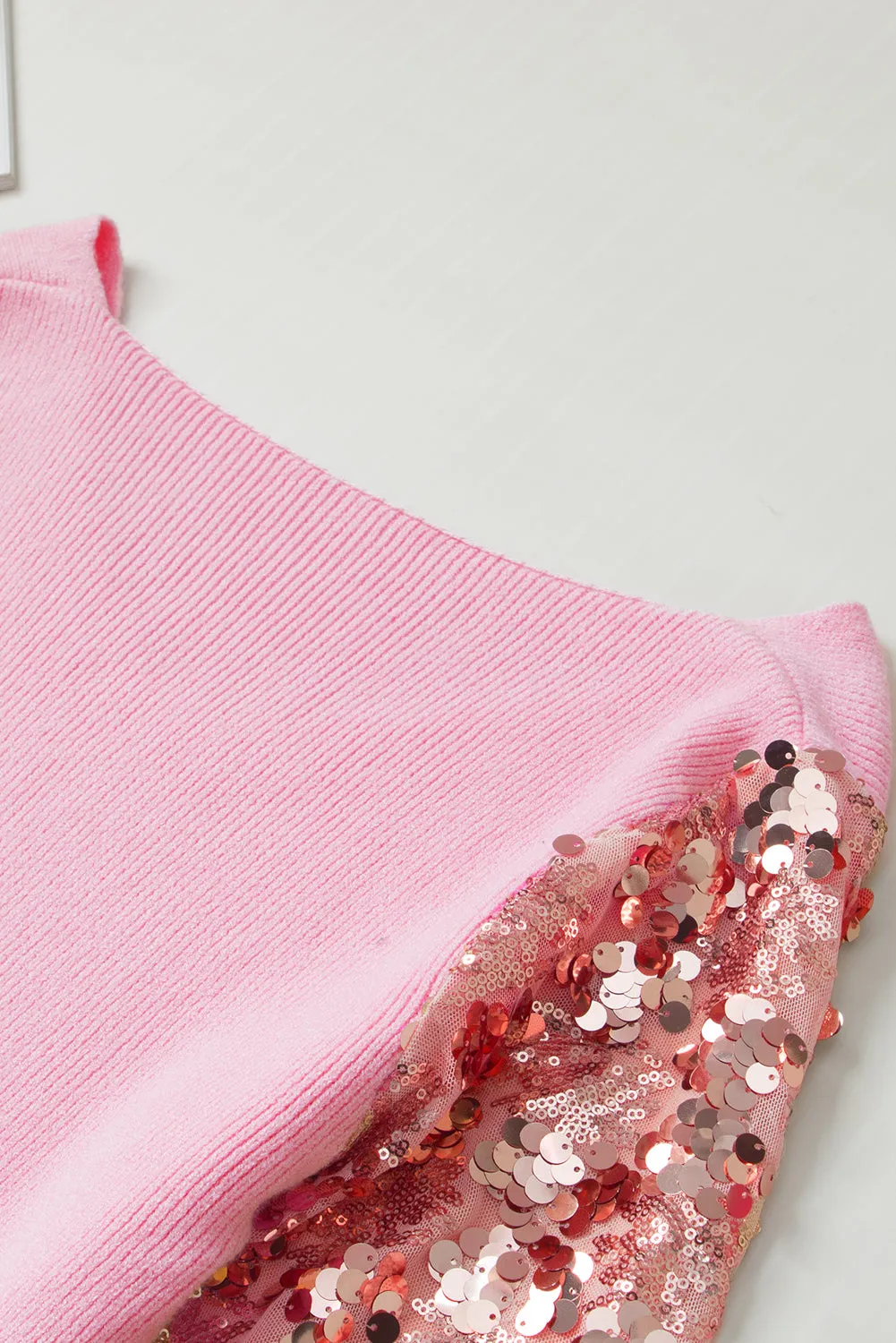 Pink Contrast Sequin Sleeve V Neck Ribbed Knit Sweater