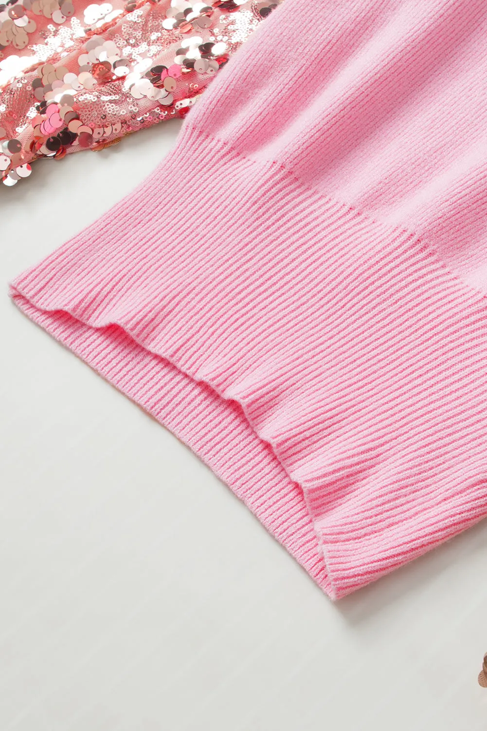 Pink Contrast Sequin Sleeve V Neck Ribbed Knit Sweater
