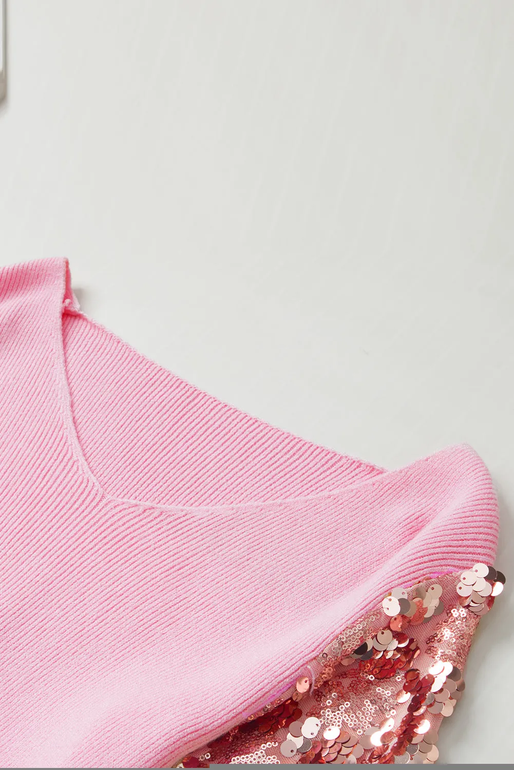 Pink Contrast Sequin Sleeve V Neck Ribbed Knit Sweater