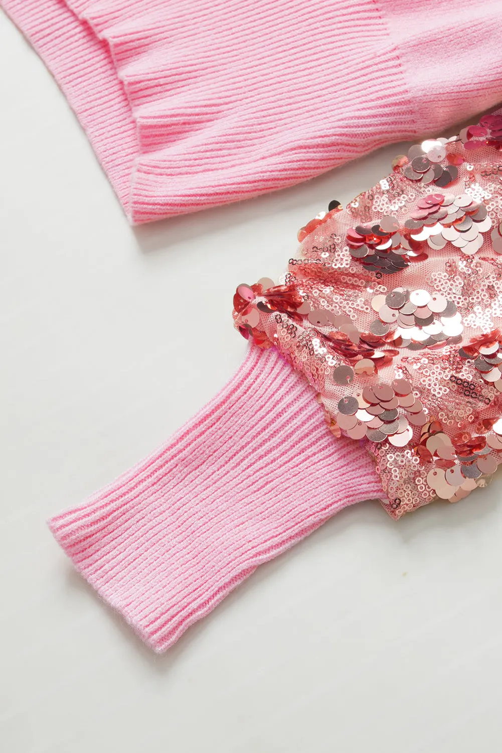 Pink Contrast Sequin Sleeve V Neck Ribbed Knit Sweater