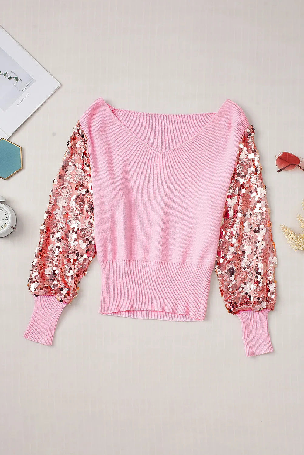 Pink Contrast Sequin Sleeve V Neck Ribbed Knit Sweater