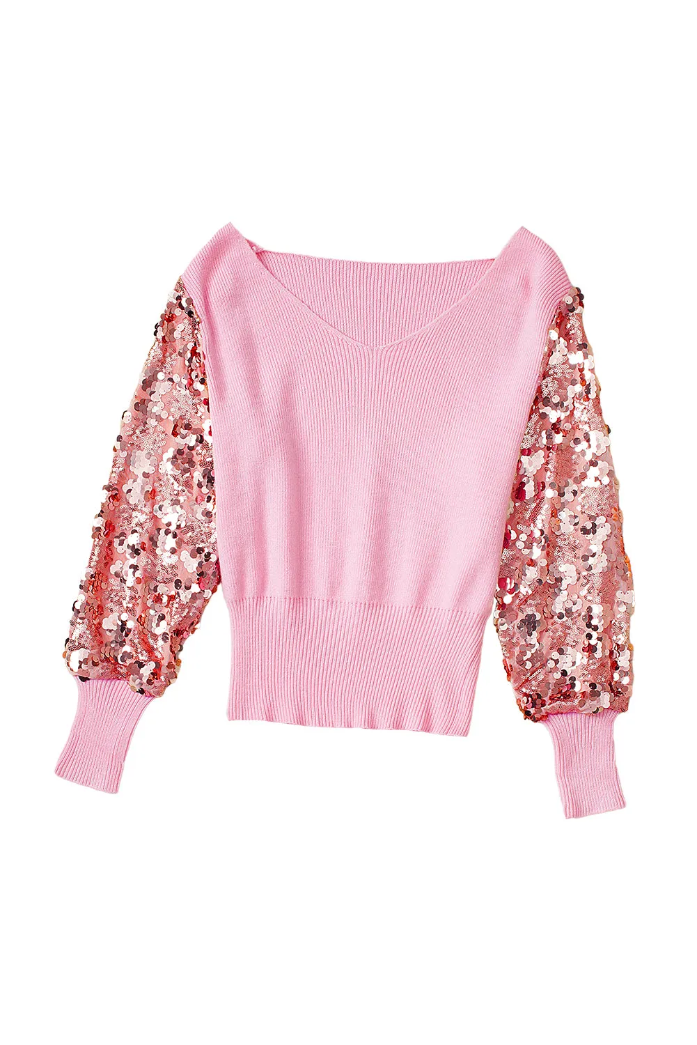 Pink Contrast Sequin Sleeve V Neck Ribbed Knit Sweater