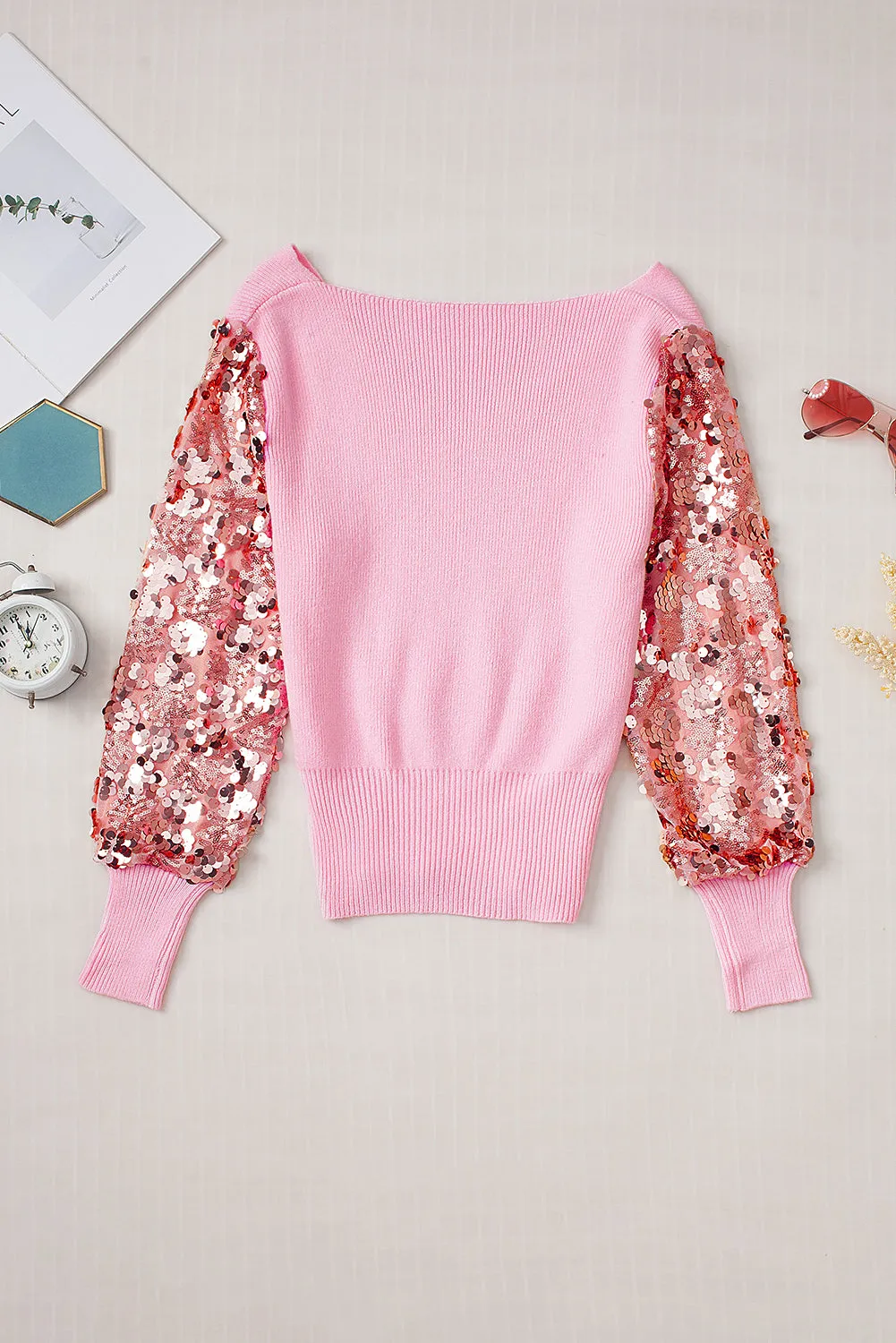 Pink Contrast Sequin Sleeve V Neck Ribbed Knit Sweater