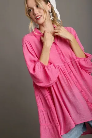 Pink High Low Hem Back Tiered Button Down Shirt