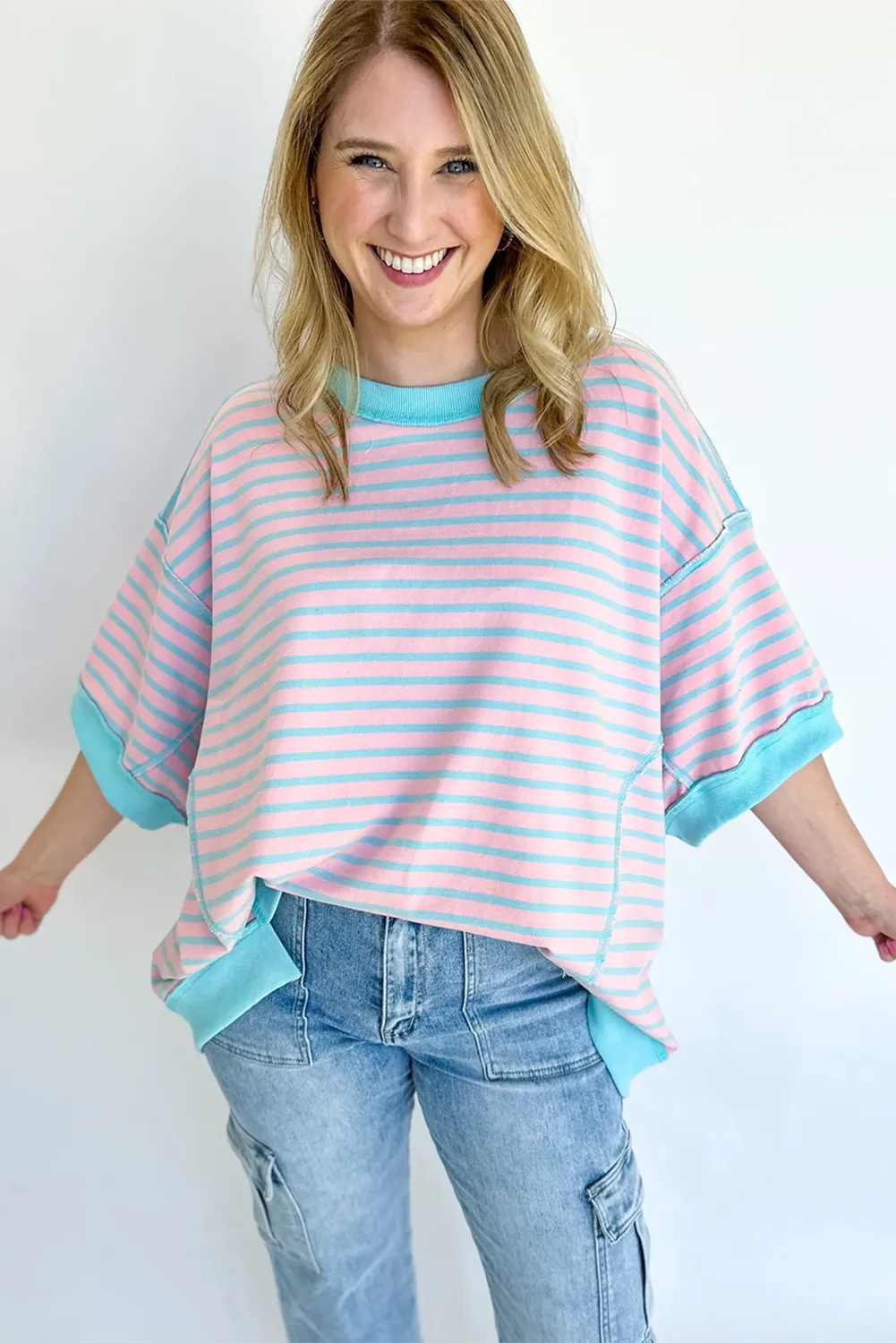 Pink Stripe Oversized Exposed Seam High Low Pullover T Shirt