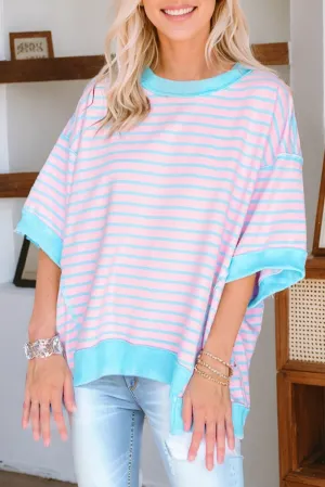 Pink Stripe Oversized Exposed Seam High Low Pullover T Shirt