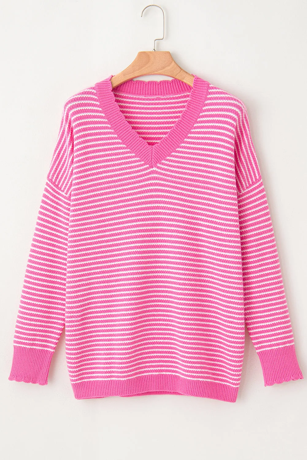 Pink Striped Scallop V Neck Loose Sweater with Slits