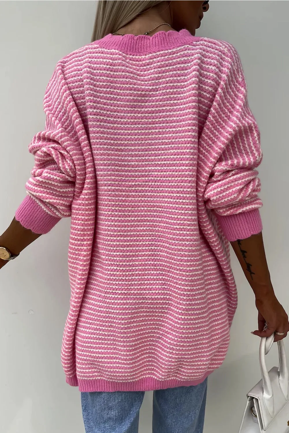 Pink Striped Scallop V Neck Loose Sweater with Slits