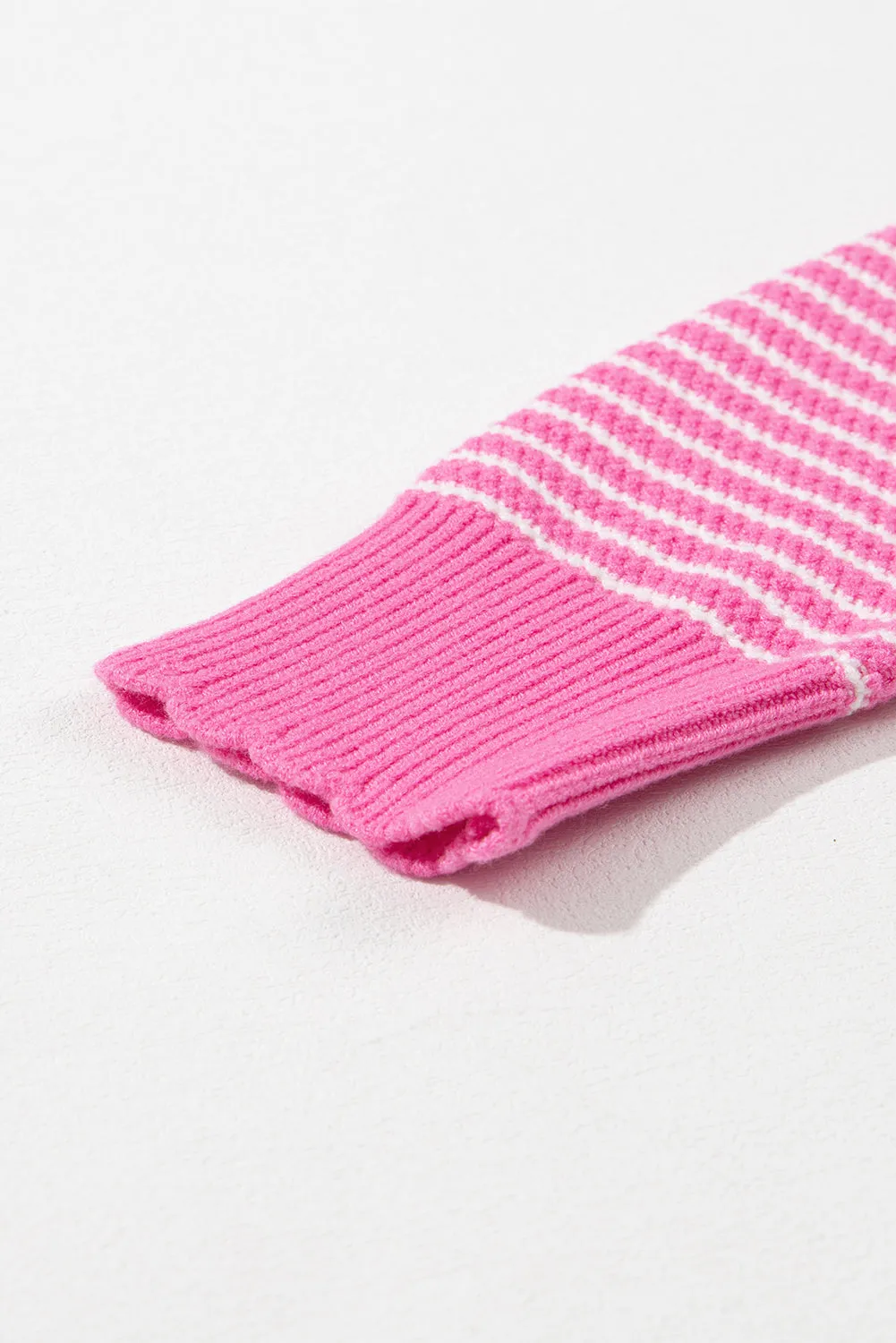 Pink Striped Scallop V Neck Loose Sweater with Slits
