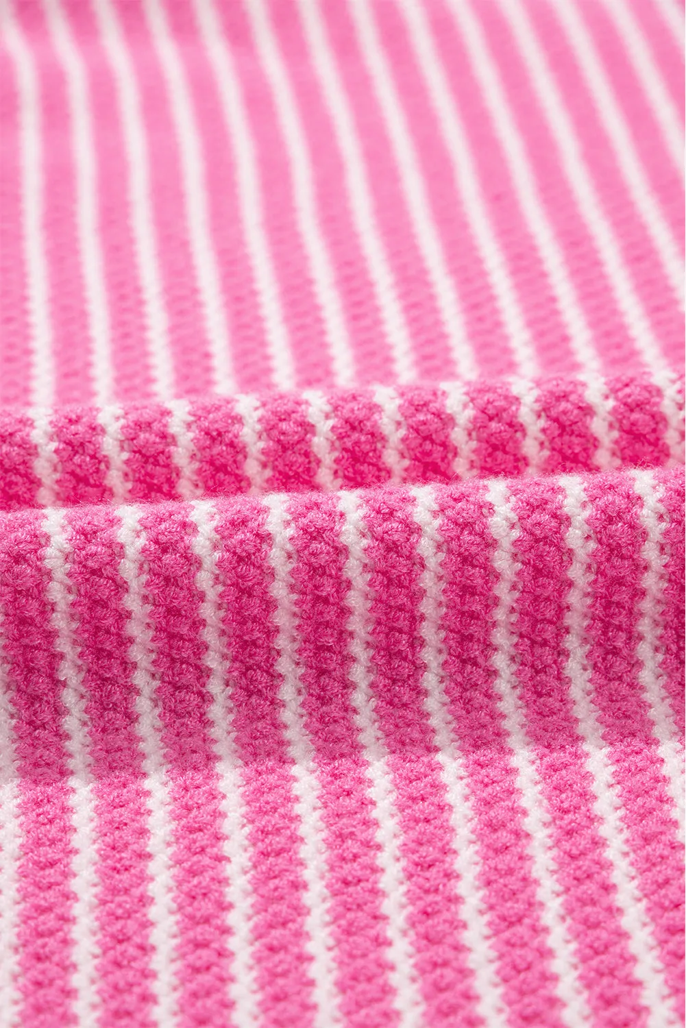 Pink Striped Scallop V Neck Loose Sweater with Slits