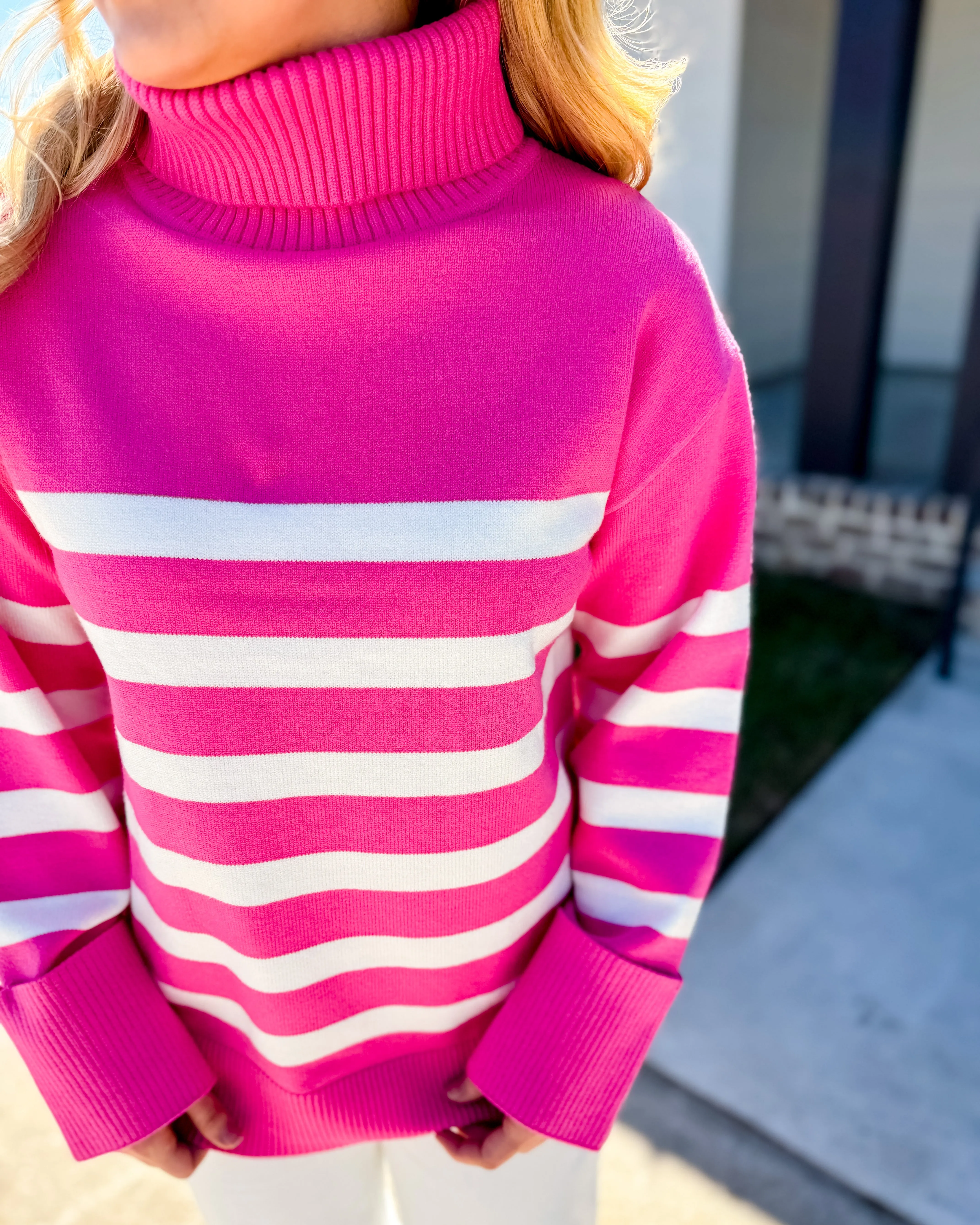 Pink Striped Turtleneck Sweater