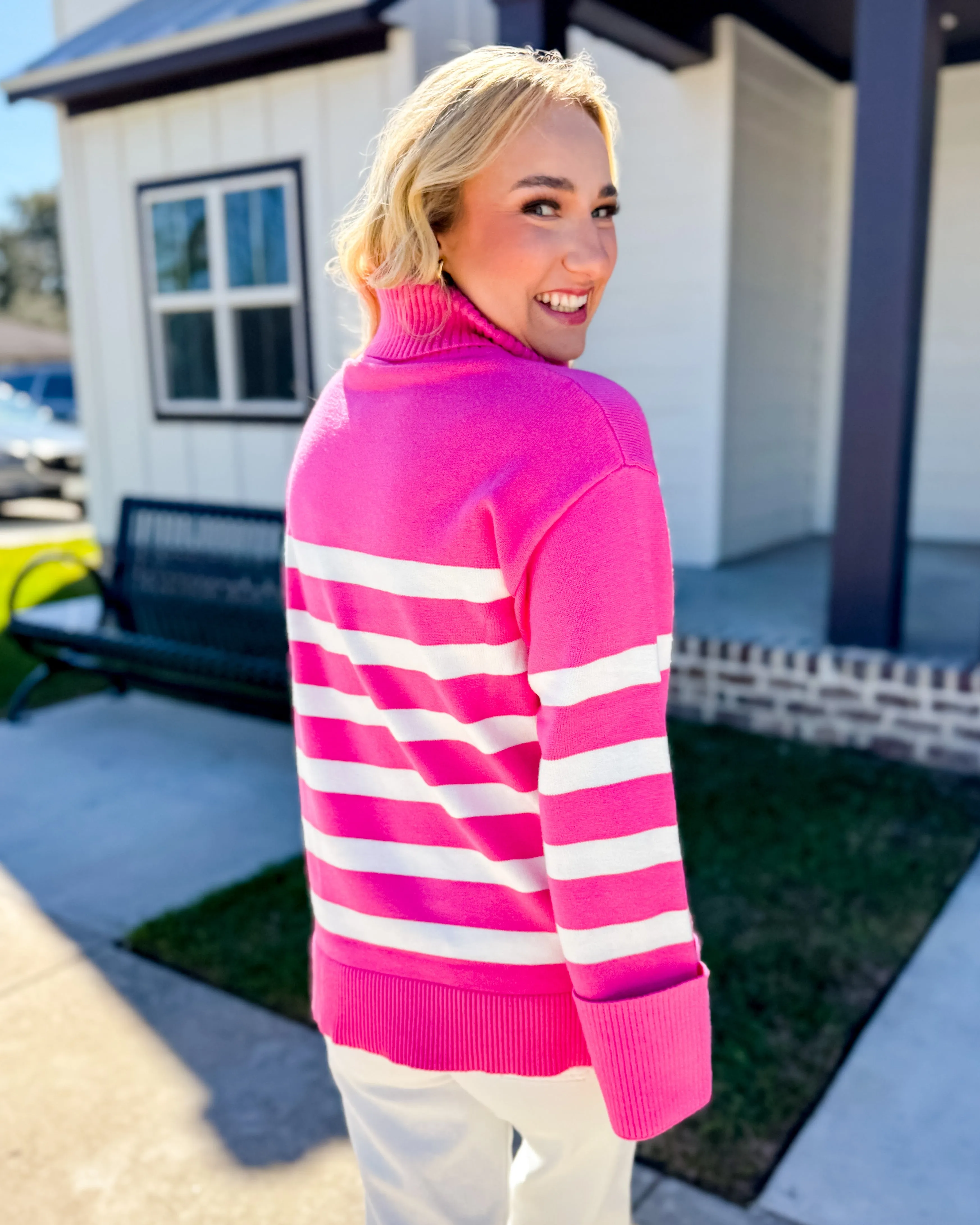 Pink Striped Turtleneck Sweater