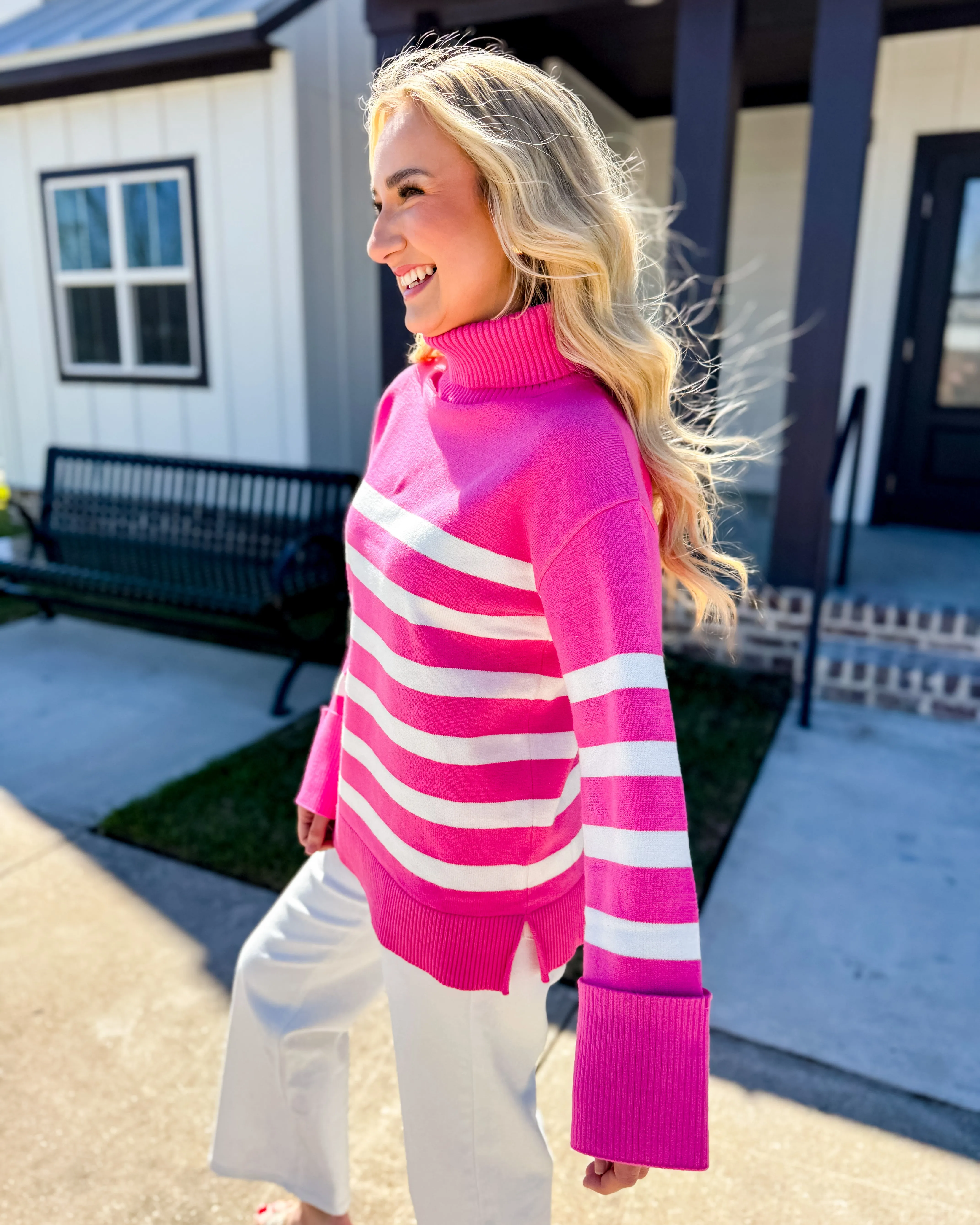 Pink Striped Turtleneck Sweater