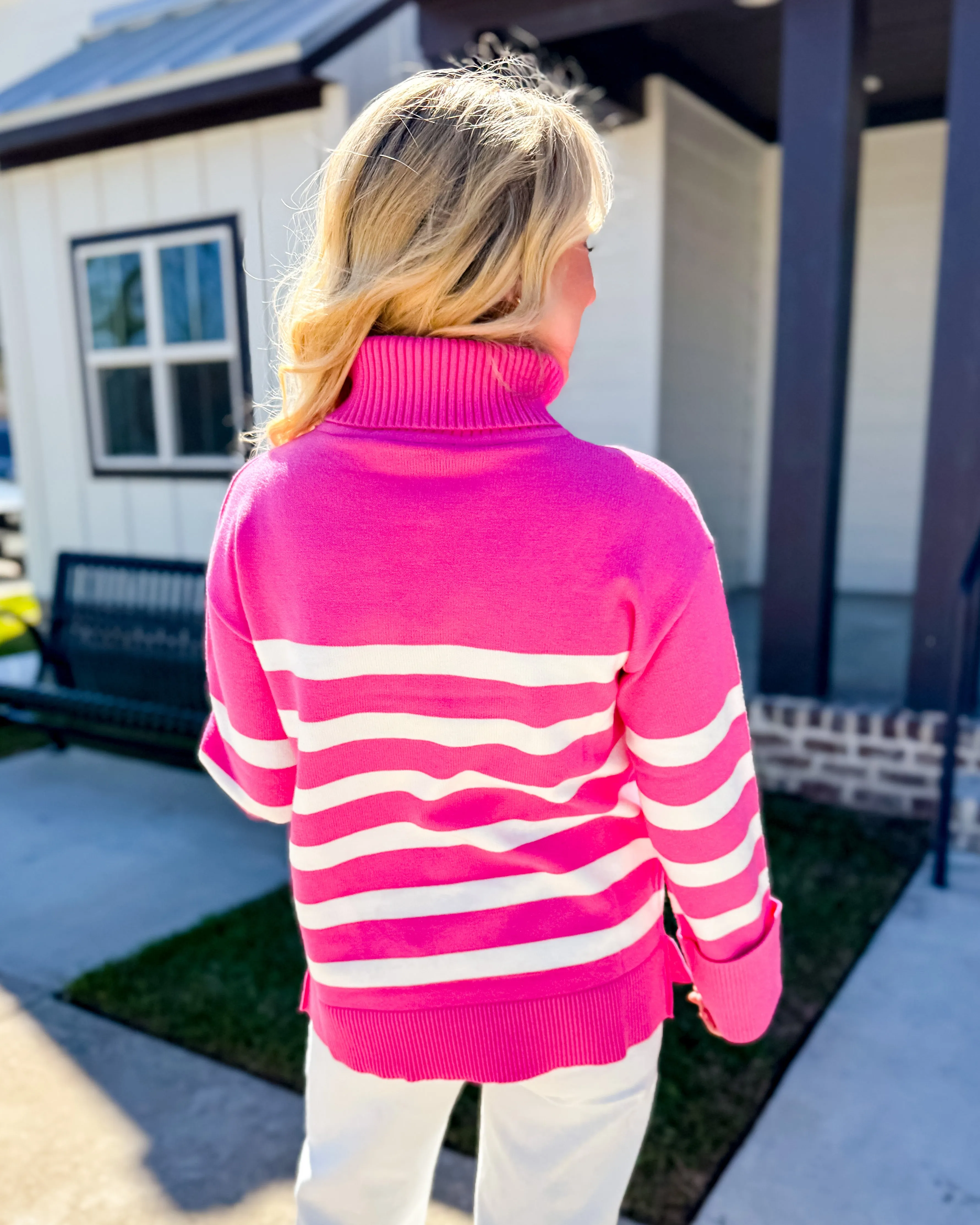 Pink Striped Turtleneck Sweater