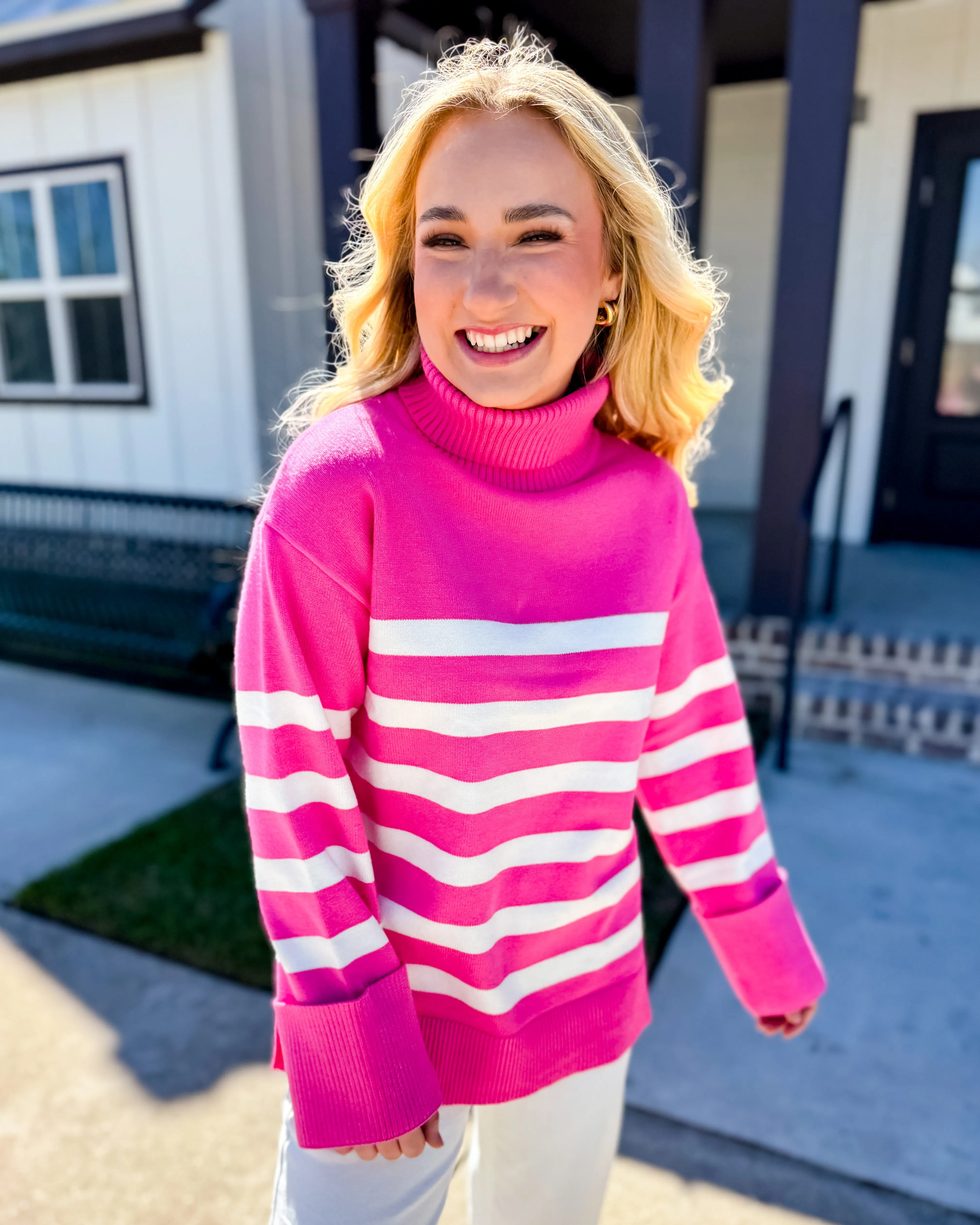 Pink Striped Turtleneck Sweater