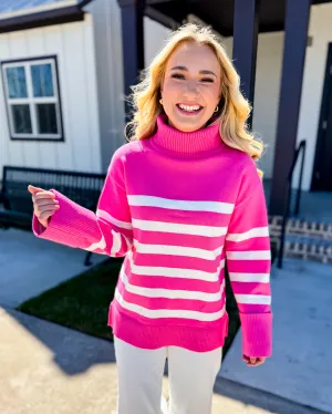 Pink Striped Turtleneck Sweater