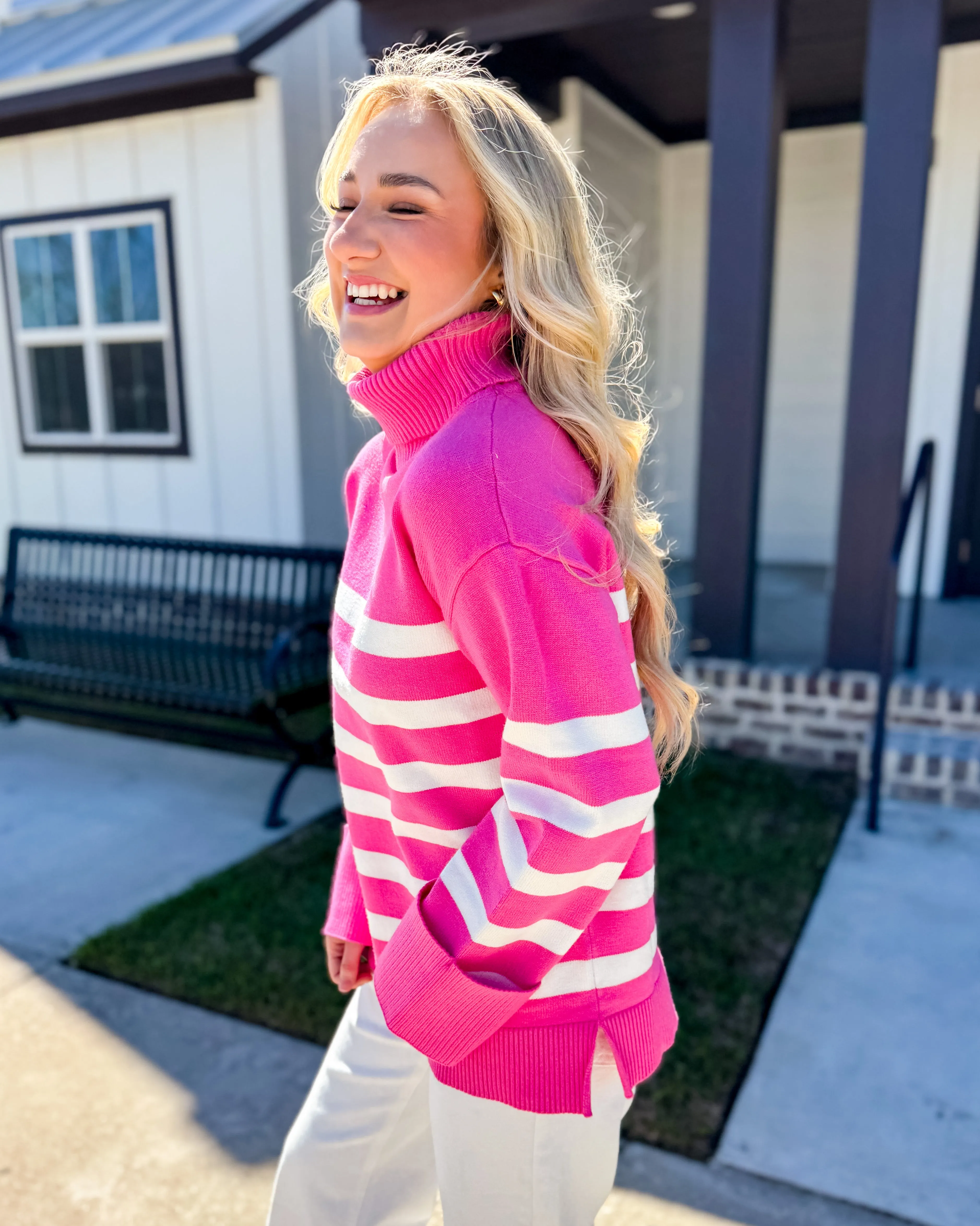 Pink Striped Turtleneck Sweater