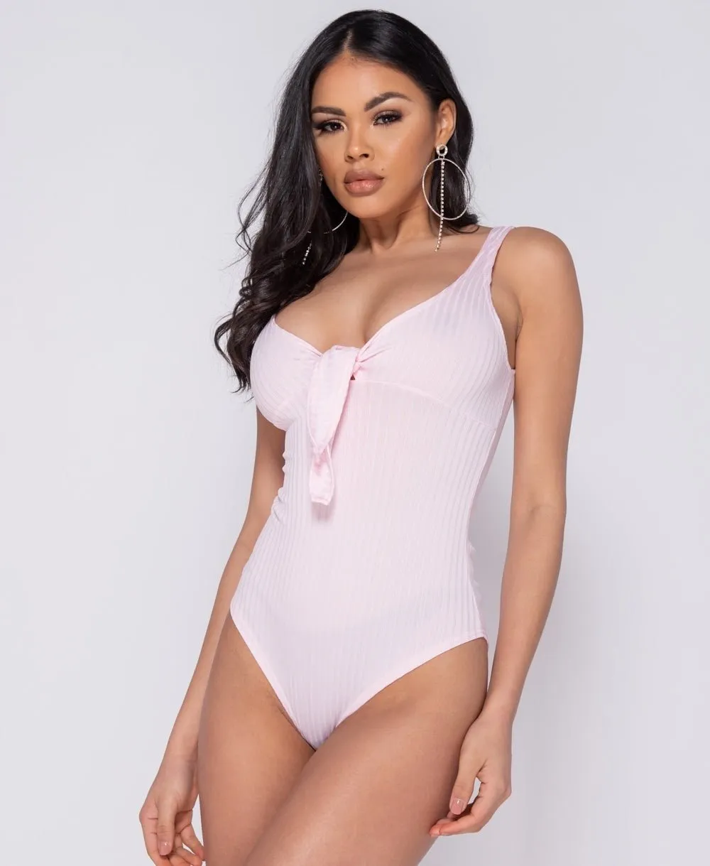Pink Tie Front Rib Knit Bodysuit