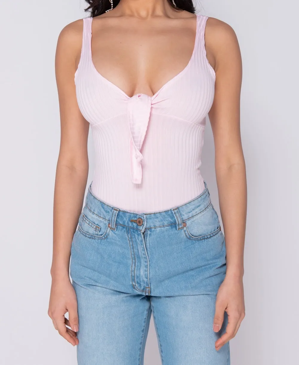 Pink Tie Front Rib Knit Bodysuit