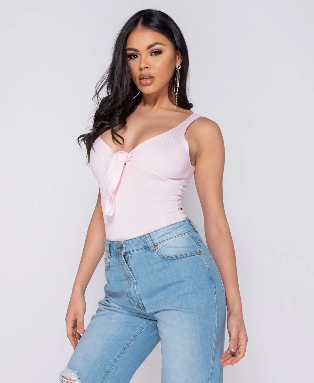 Pink Tie Front Rib Knit Bodysuit