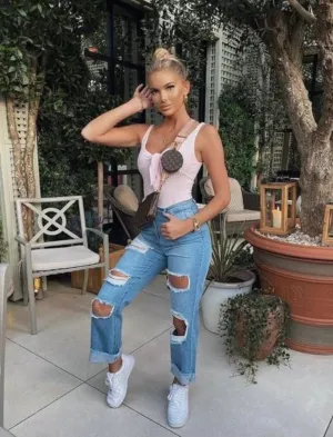 Pink Tie Front Rib Knit Bodysuit