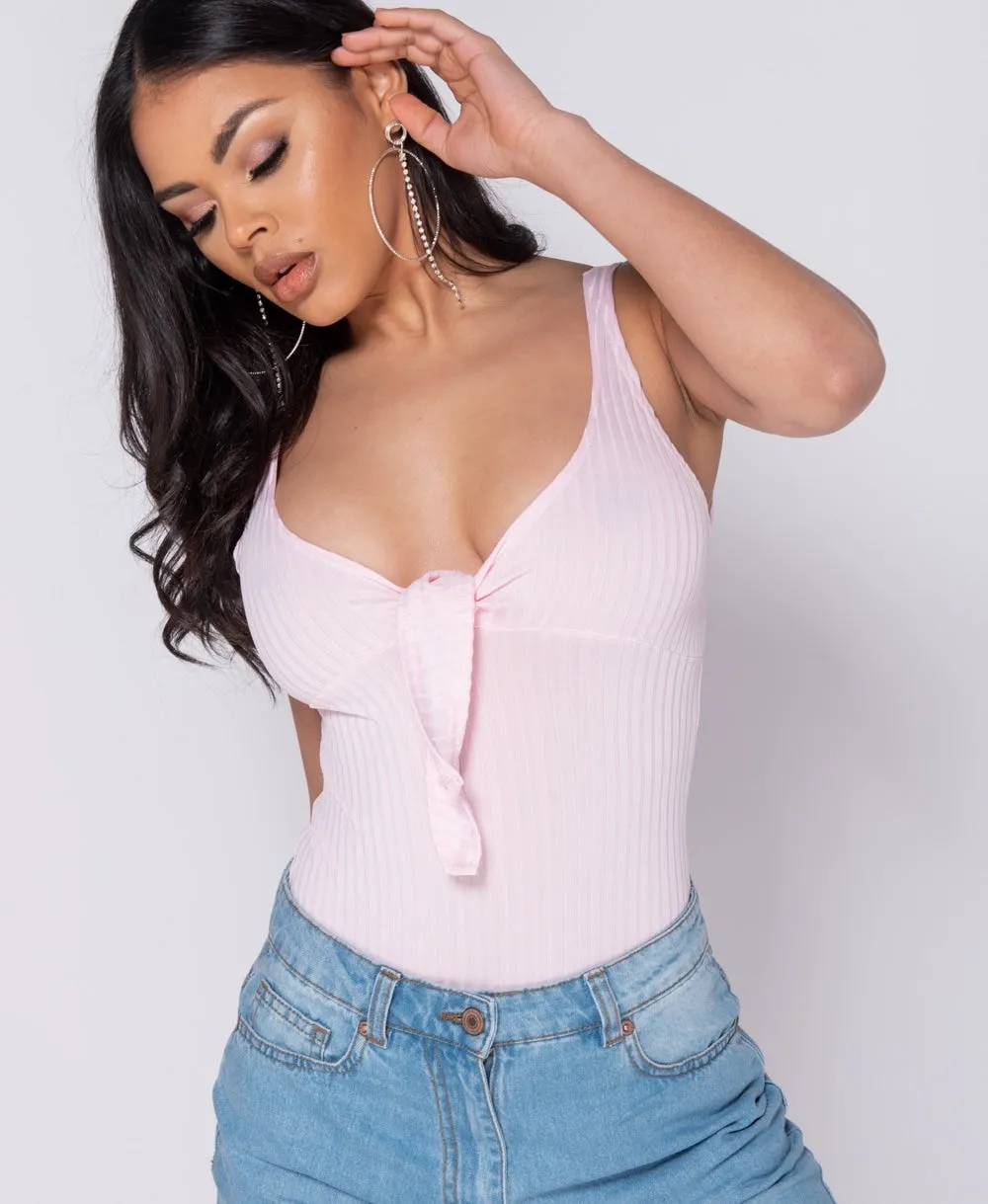 Pink Tie Front Rib Knit Bodysuit