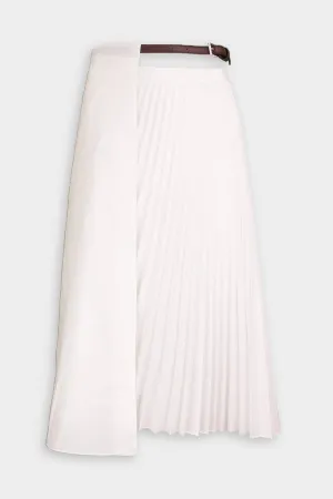 Pleated Cotton Leather Wrap Skirt in White