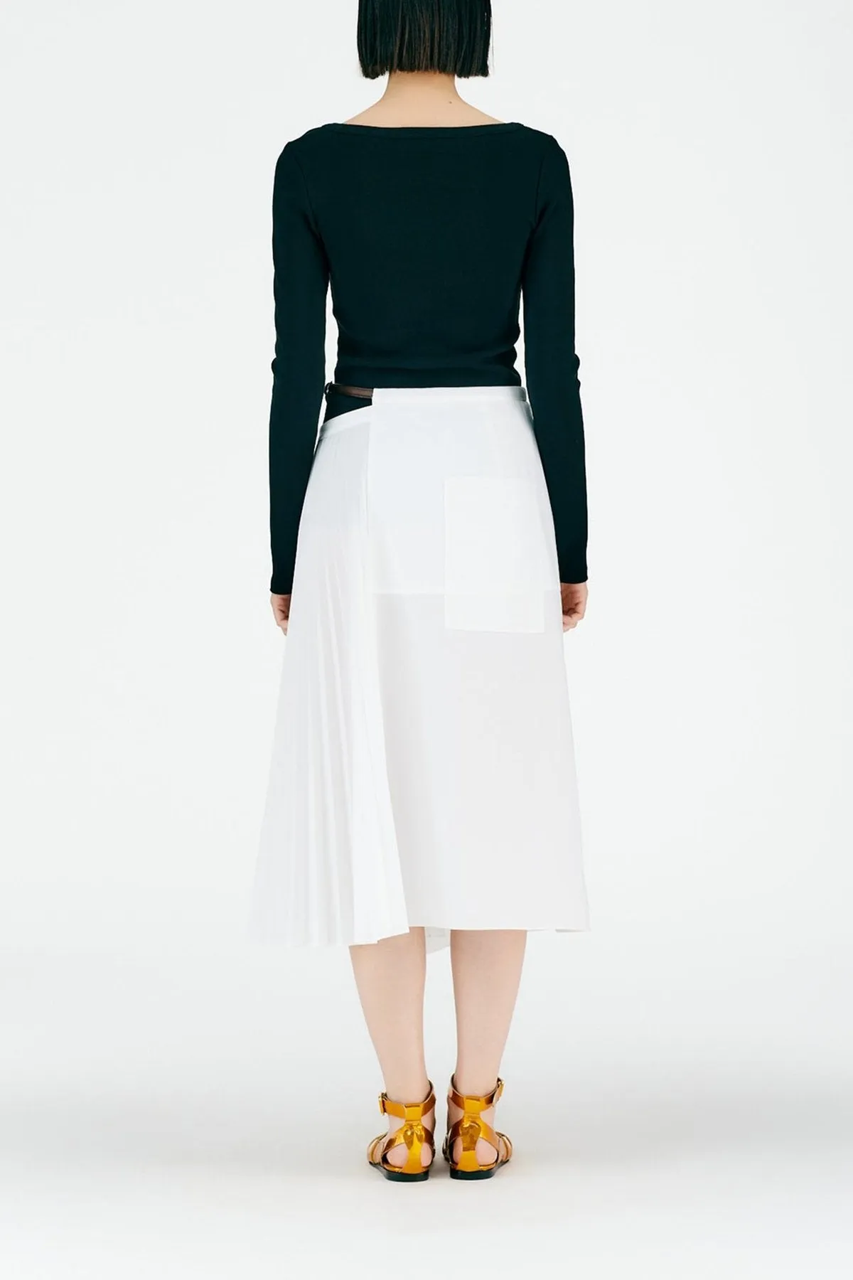 Pleated Cotton Leather Wrap Skirt in White