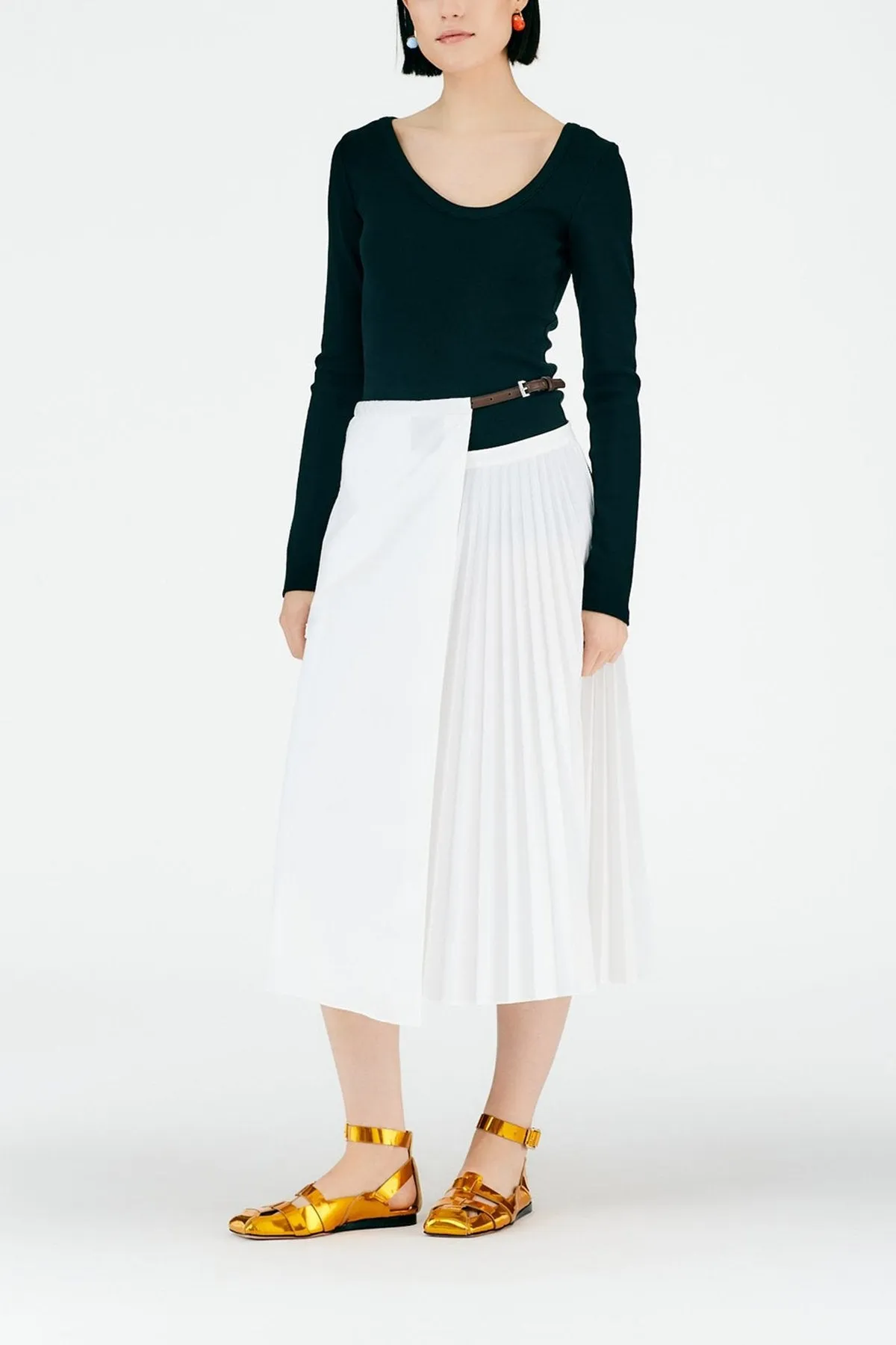 Pleated Cotton Leather Wrap Skirt in White