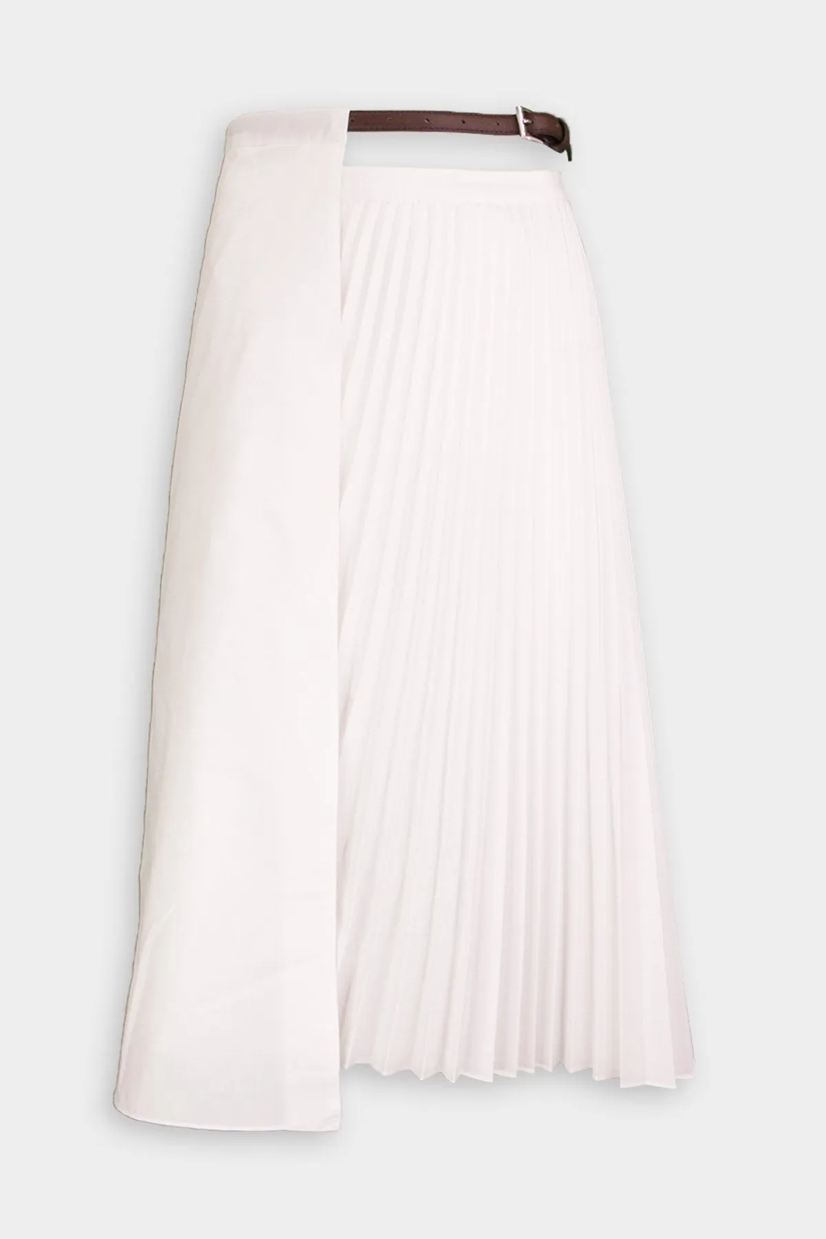 Pleated Cotton Leather Wrap Skirt in White