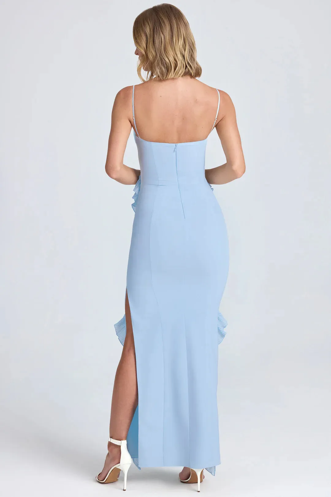 Plissé Ruffle-Trim Maxi Dress in Ivory