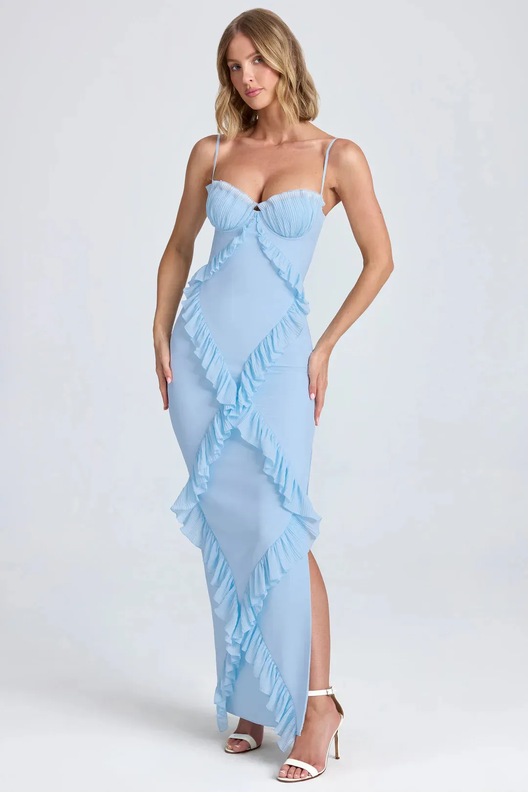 Plissé Ruffle-Trim Maxi Dress in Ivory