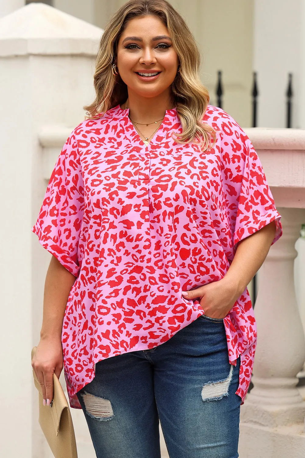 Plus Size Printed Notched Neck Half Sleeve Top (5 Color Styles)