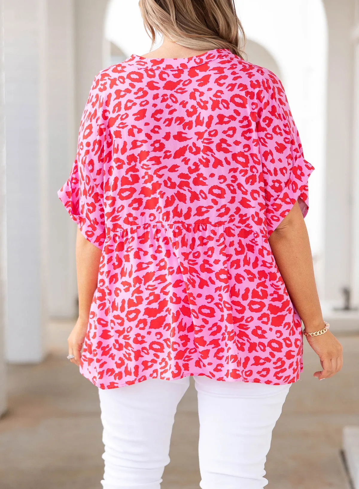 Plus Size Printed Notched Neck Half Sleeve Top (5 Color Styles)