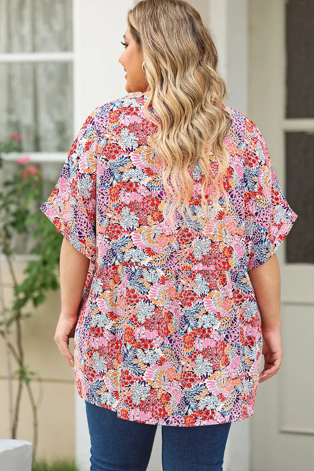 Plus Size Printed Notched Neck Half Sleeve Top (5 Color Styles)