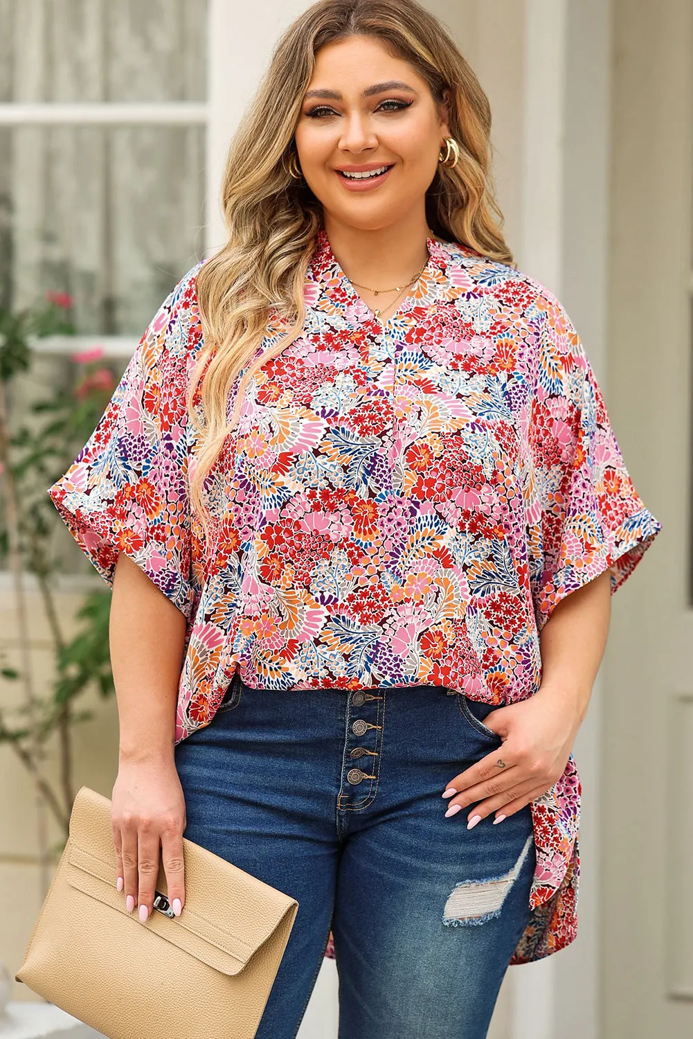 Plus Size Printed Notched Neck Half Sleeve Top (5 Color Styles)