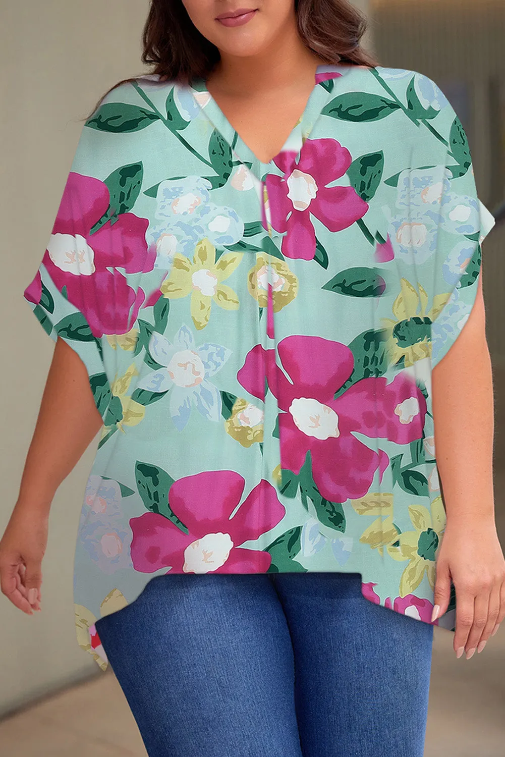 Plus Size Printed Notched Neck Half Sleeve Top (5 Color Styles)