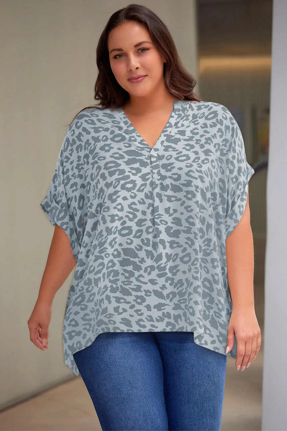 Plus Size Printed Notched Neck Half Sleeve Top (5 Color Styles)