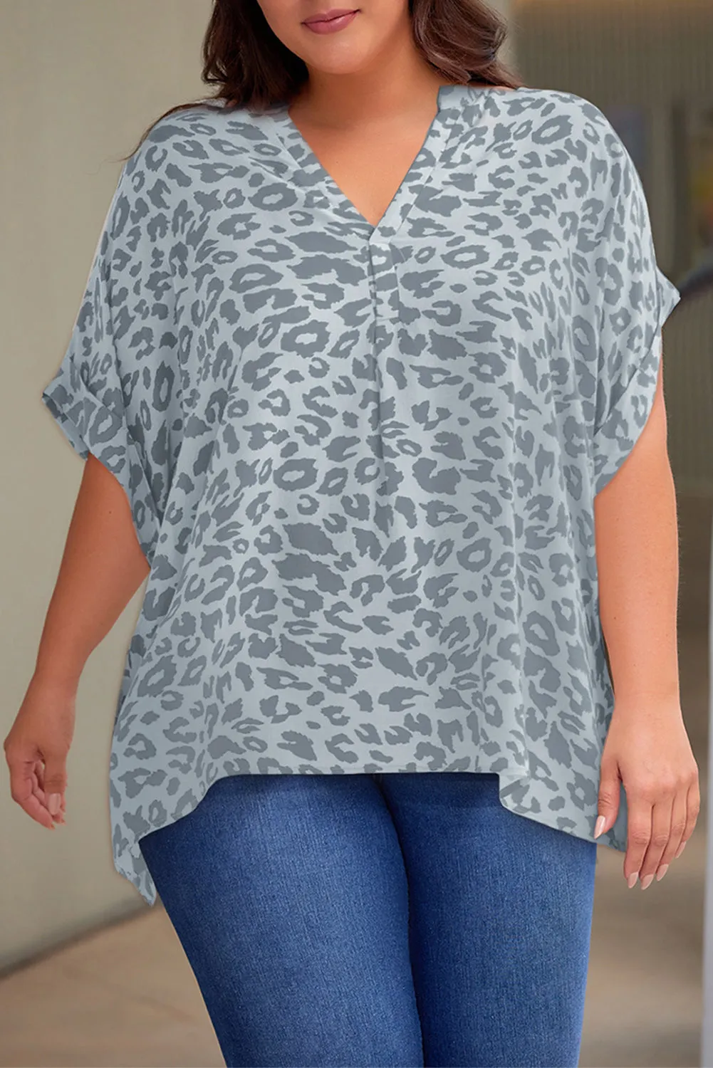 Plus Size Printed Notched Neck Half Sleeve Top (5 Color Styles)