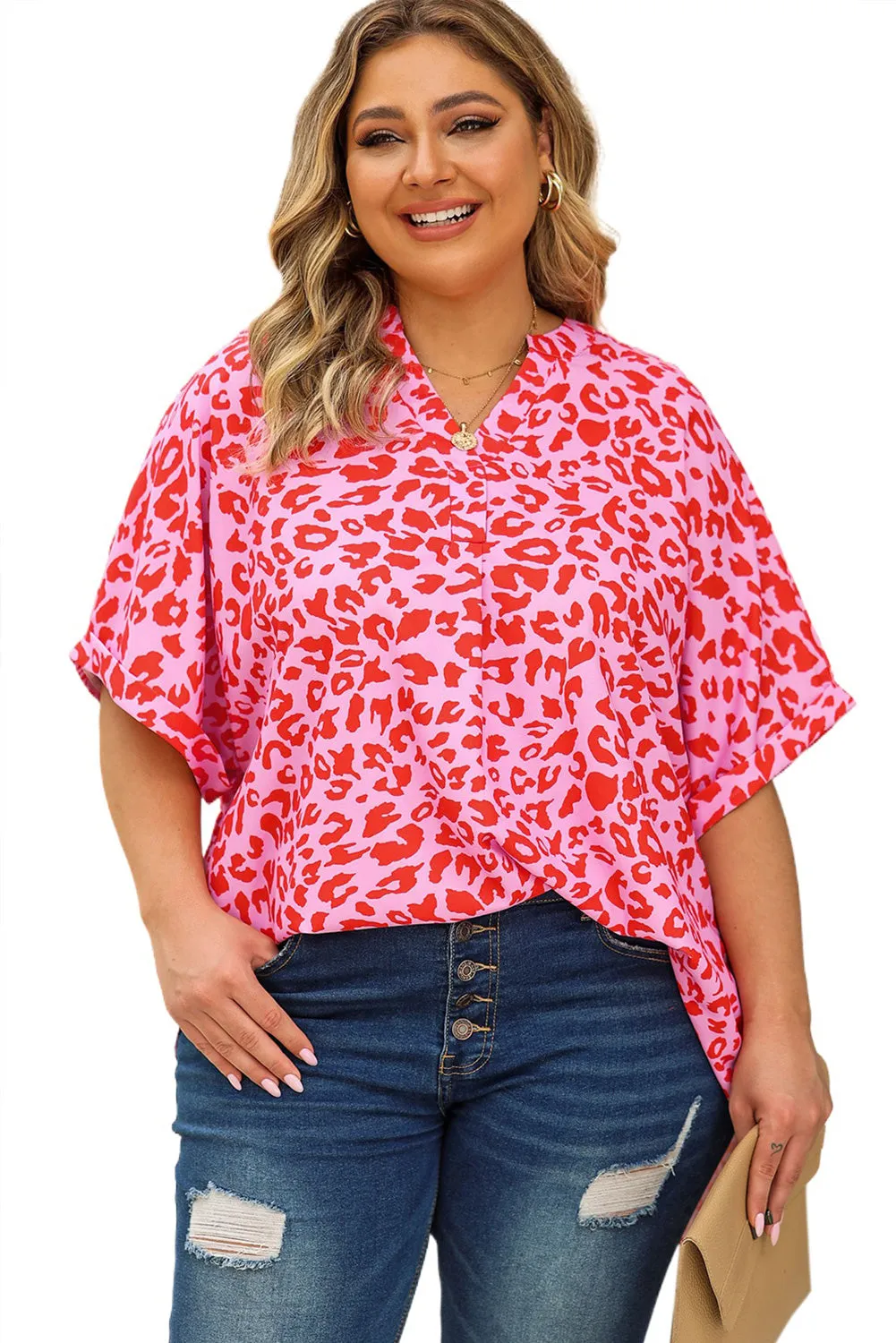Plus Size Printed Notched Neck Half Sleeve Top (5 Color Styles)