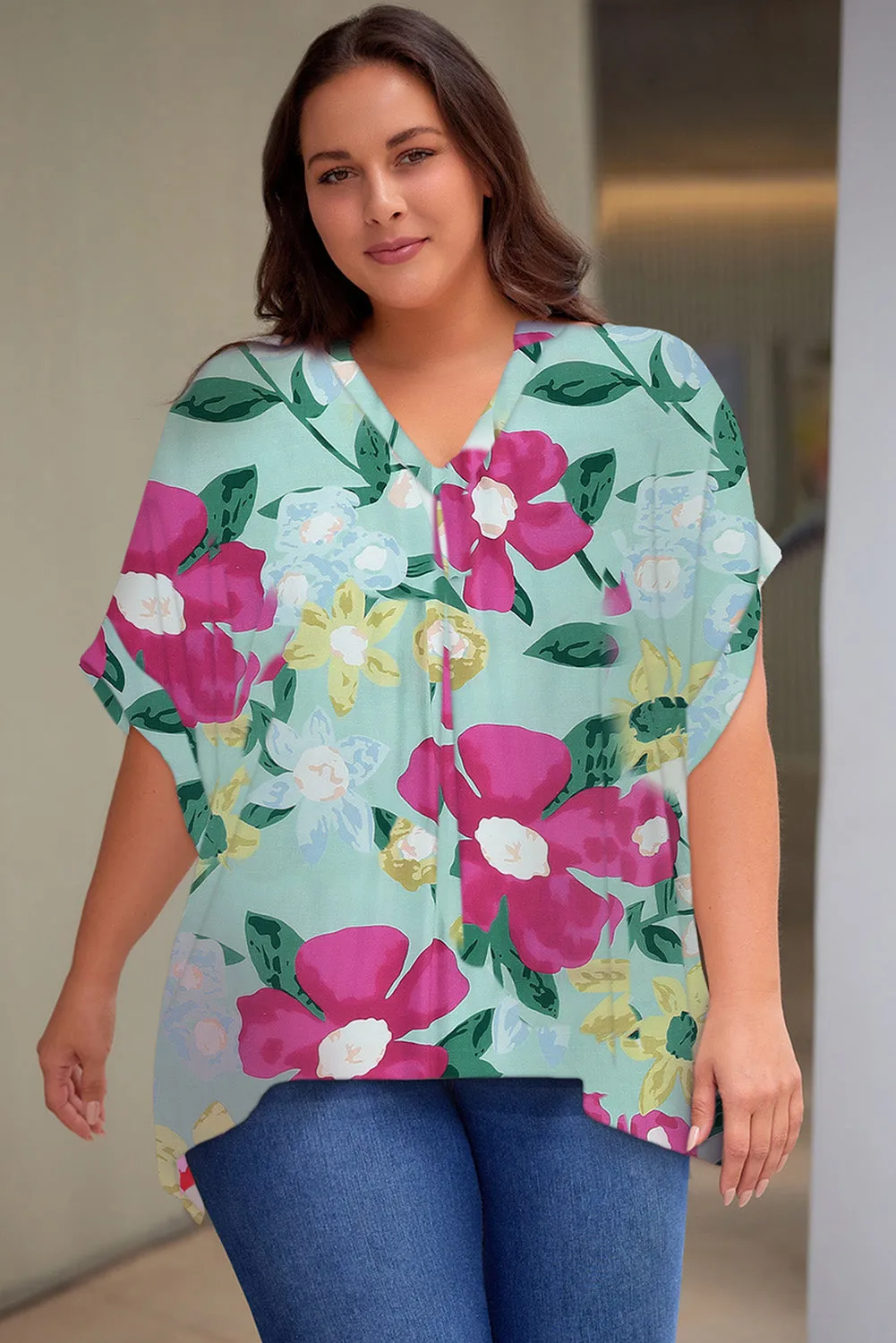 Plus Size Printed Notched Neck Half Sleeve Top (5 Color Styles)