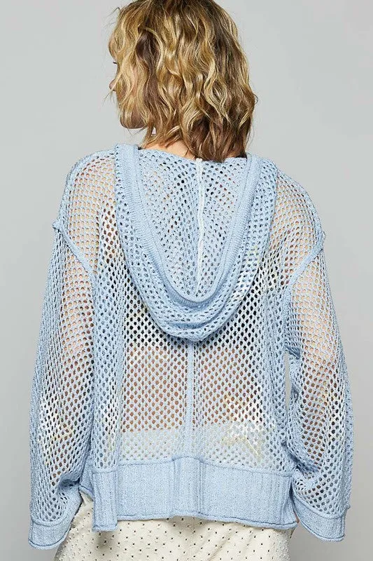 POL Star Openwork Long Sleeve Hooded Knit Cover Up