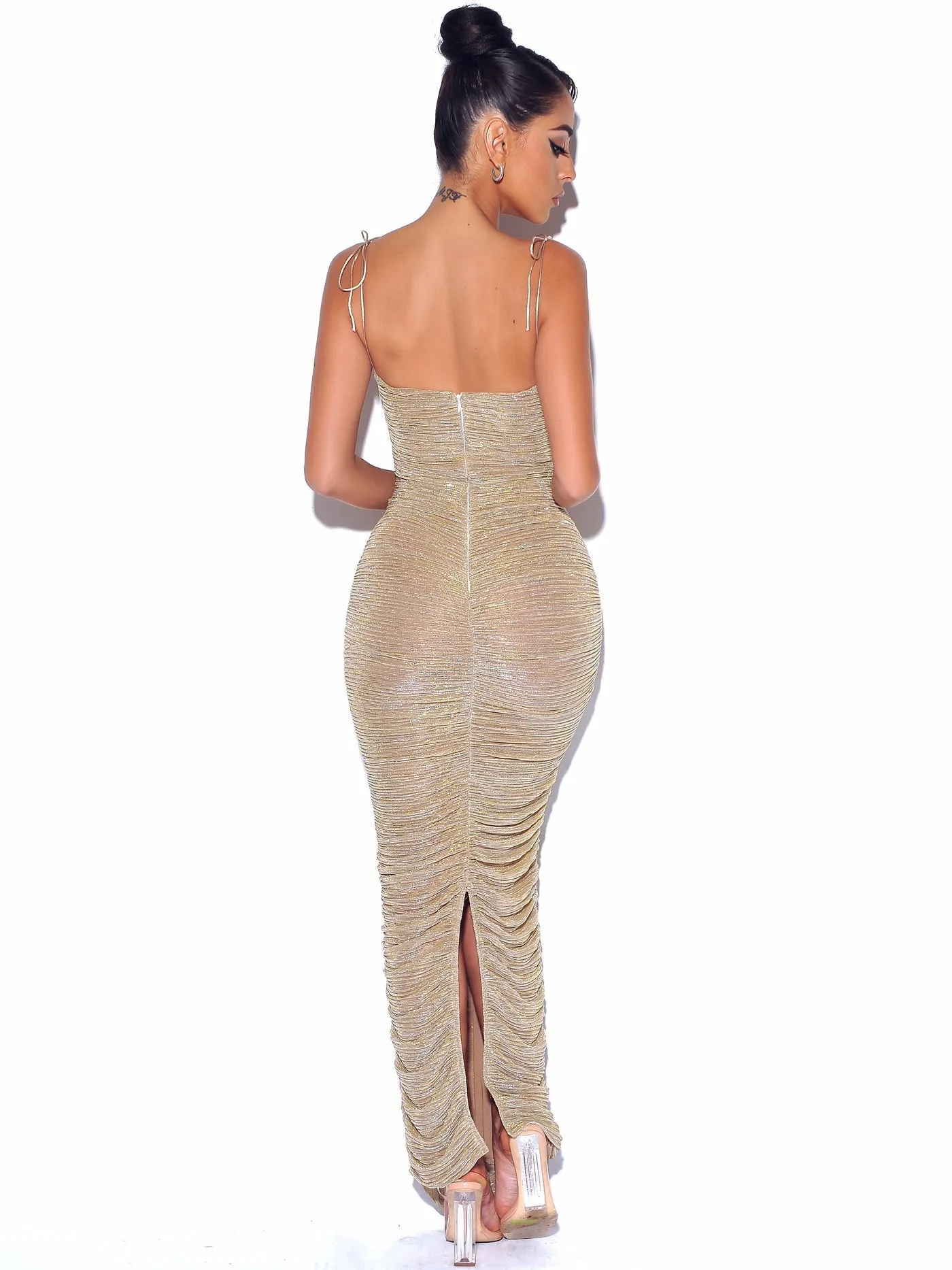 PRE-ORDER Aubrey Ruched Shimmer Chiffon Gown X Gold