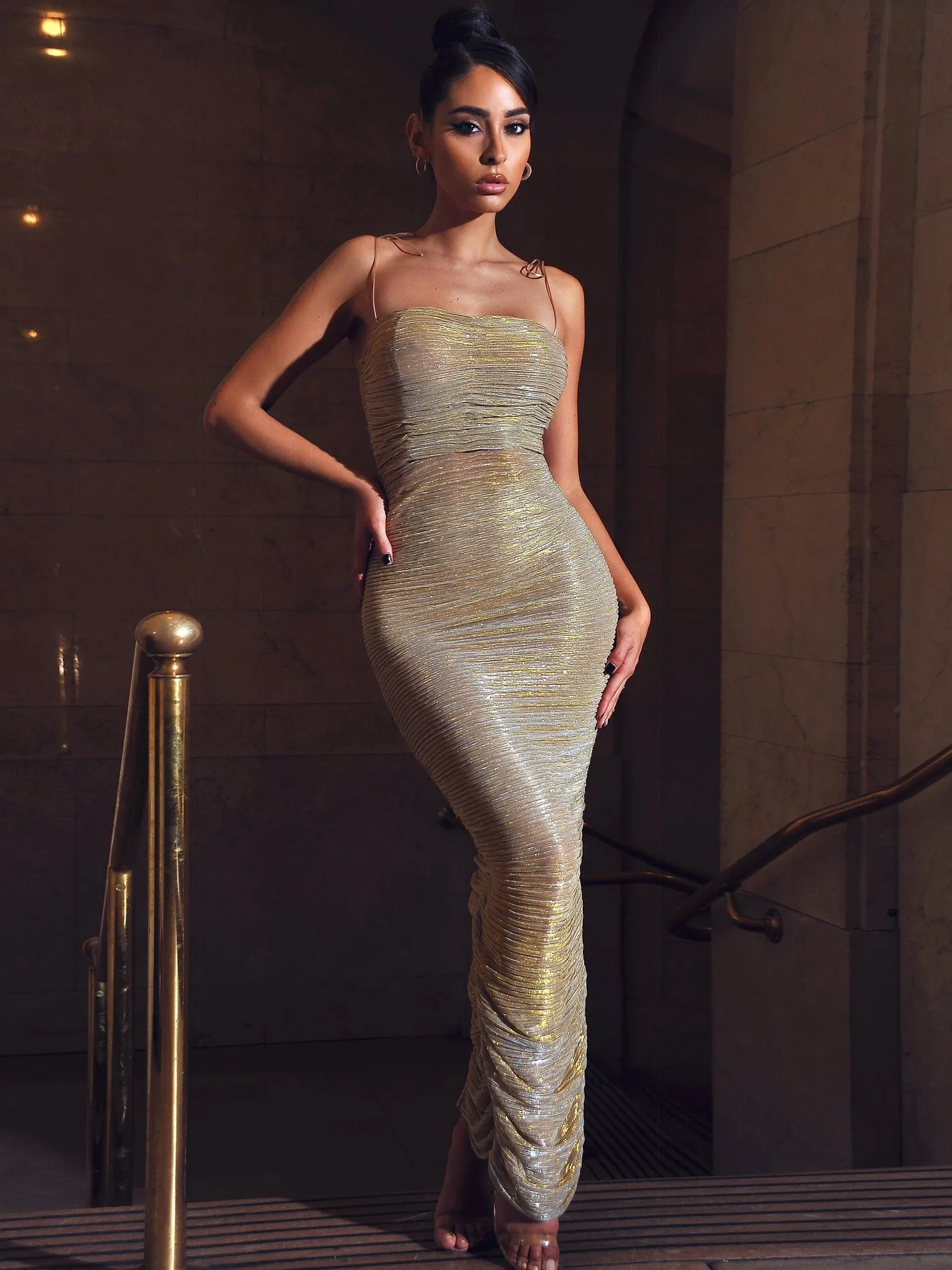 PRE-ORDER Aubrey Ruched Shimmer Chiffon Gown X Gold